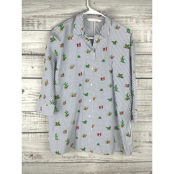 Zara White Blue Stripe Button Down Novelty Cactus Print Top XS Oversized Coastal - Picture 1 of 9